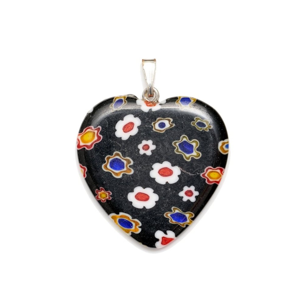 Millefiori Glass Black Red White Blue Yellow Heart Shape Necklace
